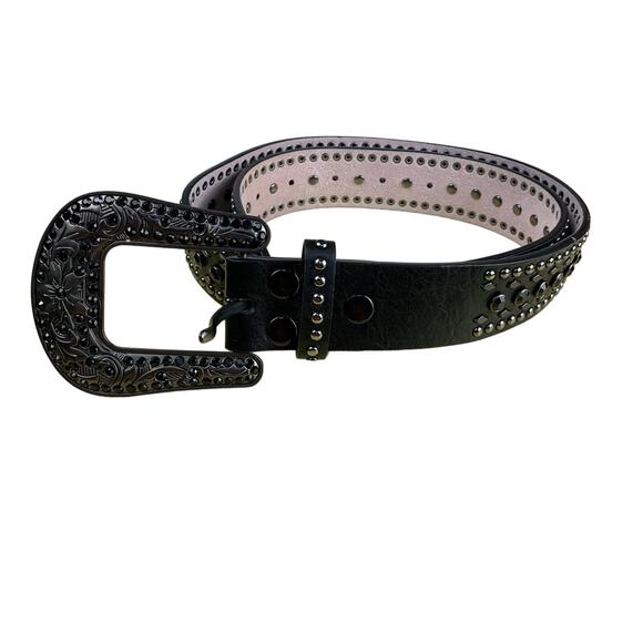 Nocona Belt Co. Accessories - Nocona Black Gem Studded Leather Belt w Ornate Western Buckle  Size M  33" -37"